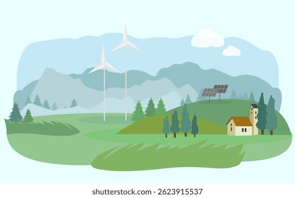 Mountain landscape with windmills, houses and solar panels