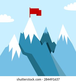Mountain landscape with winner flag. Illustration in flat style for winter resort