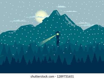 Mountain landscape of winter forest with watchtower and pines in a snow