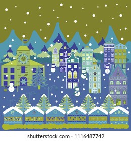 Mountain landscape. Winter. Lonely house on a hill. Cloudy winter landscape. Christmas illustration on blue, green and white colors. Vector.