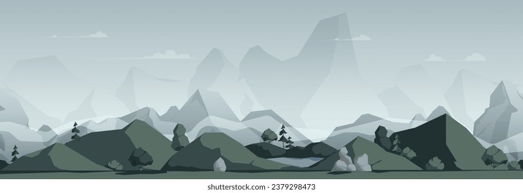 Paisaje montañoso. Paisaje nord invernal con picos de nieve, paisaje escandinavo rocoso y prados verdes de primavera. Ilustración panorámica vectorial de la montaña exterior