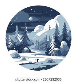 Mountain landscape in winter, snow and trees icon isolated