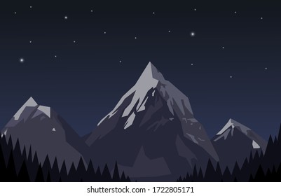 Mountain landscape. Winter view with snowy mountain and pine tree. Vector illustration background for poster, banner, web, social media, card, cover, ui.