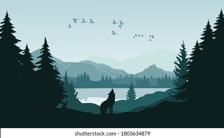 Mountain landscape with wolf in a forest and lake