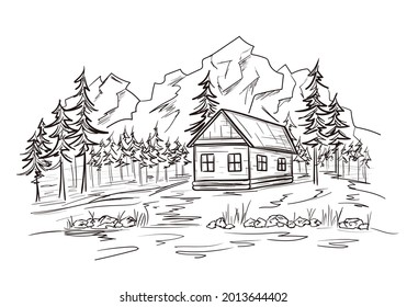 Mountain landscape with wood cabin in line sketch style. House on the river bank in a pine forest.  Tourism, outdoor recreation by the lake. Isolated vector illustration