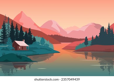 Berglandschaft mit Holzhaus im Wald nahe dem See. Vektorgrafik.