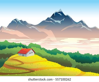 Mountain landscape with yellow meadow, forest and house. Natural summer vector illustration. Wilderness life.