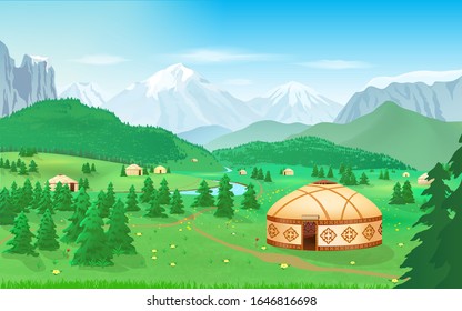 Mountain landscape with yurts, meadow, trees, nomad life, summer pasture vector illustration