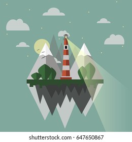 Mountain landscape.Floating island landscape.Night sky.Vector illustration.