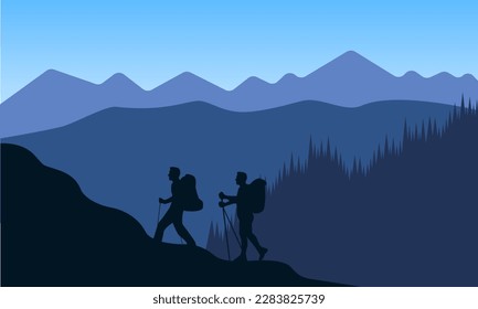 mountain landscapes in a flat style with silhouette hiker. Natural wallpapers. Sunrise, misty terrain with slopes, Clear sky vector illustration