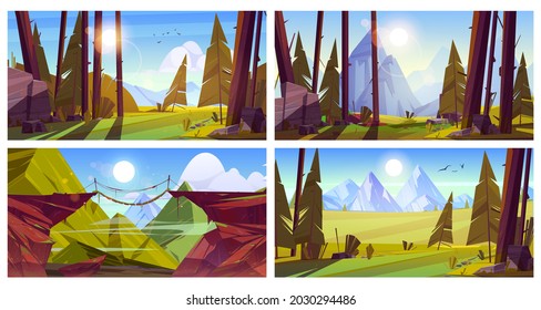 Mountain landscapes with forest and suspension bridge. Vector cartoon set of illustrations with coniferous trees, rocks, green grass, wooden rope bridge between cliffs and sun in sky