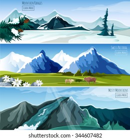 Mountain landscapes horizontal banner set with misty pastoral nature elements isolated vector illustration