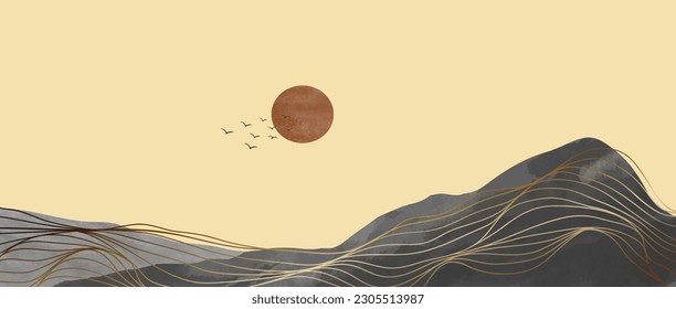 Mountain landscapes illustration with golden line arts. Mid century modern minimalist art print. Abstract contemporary aesthetic backgrounds landscapes