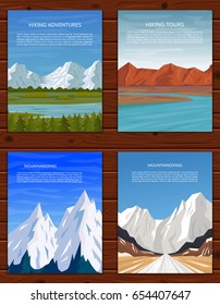 Mountain landscapes set. Mountaineering, trekking, climbing or travelling banner collection. Vector illustration.