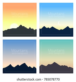 Mountain landscapes set. Nature backgrounds for banners, flyers, covers and posters. Vector illustration. Mountainous terrain.