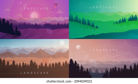 Mountain landscapes set. Travel flyers,  backgrounds, booklets. Adventure, hiking, camping, vacation. Abstract landscape. Vector banner. Polygonal landscape illustration. Minimalist style. Flat design