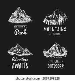 Mountain landscapes with text The Great Outdoors, Adventure Awaits, Mountains Are Calling, hand drawn illustration. Mount peaks with forest, sketches set in vector, used for travel poster, label etc.