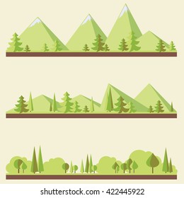Mountain landscapes with trees in flat style, eco scenes, vector illustration