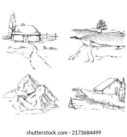 Montaña con paisajes vectoriales editable diseño de esbozo de ilustración.