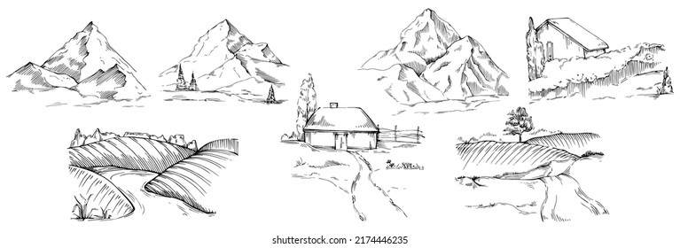 Montaña con paisajes vectoriales editable diseño de esbozo de ilustración.