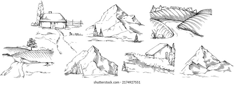 Mountain with landscapes vector editable illustration sketch design.