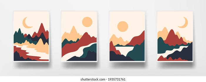 Mountain landscapes wall art set. Boho style graphics on white sheet of paper. Home decor wall posters. Flat design modern background. Vector illustration.