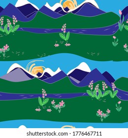 mountain landscape.sunset.snow on the mountain tops. river.meadow with flowers. vector.seamless pattern.