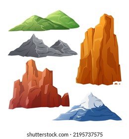 mountain landskape set cartoon. nature background, vintage forest, hill adventure, rock peak, valley hiking, climbing travel mountain landskape vector illustration