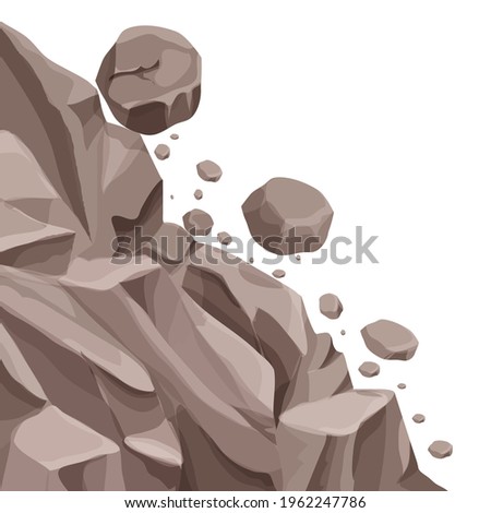 Mountain landslide with falling rocks, stones in cartoon flat style isolated on white background. Natural disaster, danger. Stock vector illustration.