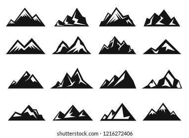 Mountain large natural rock with snow top icon set. Small and large steep hills. Vector line art illustration isolated on white background