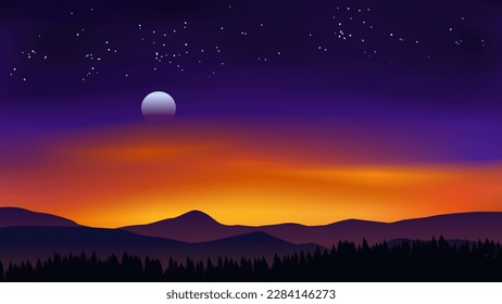 Mountain late sunset illustration. Vibrant colorful sky over mountain range with moonrise and stars