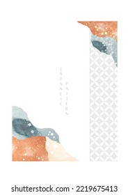 Mountain layout design with watercolor texture in oriental style. Invitation card design. Landscape background with Japanese wave pattern. Abstract art template with geometric pattern. 