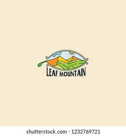 Mountain in a leaf cartoon with sun and desert farm landscape modern logo design vector inspiration custom logo design