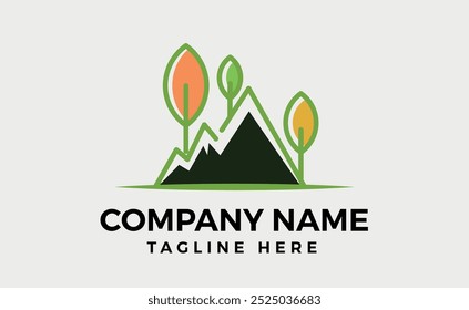 Diseño de la marca del logotipo de la hoja de montaña, hoja verde, colina, Vector editable e ilustración.