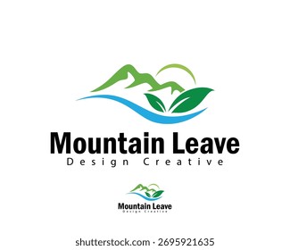 Logotipo de la hoja de la montaña Paisaje creativo de la granja Naturaleza Agricultura Sol