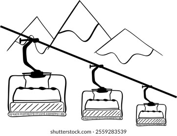 montanha elevador Cabo carro transporte vetor gráfico linha arte composição. montanhas com neve. Esportes de inverno recreativos, férias e férias.

