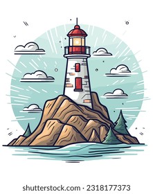 mountain and lighthouse in the ocean illustration,  