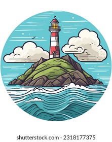 mountain and lighthouse in the ocean illustration,  