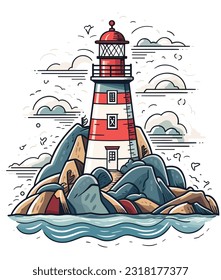 mountain and lighthouse in the ocean illustration,  