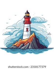mountain and lighthouse in the ocean illustration,  