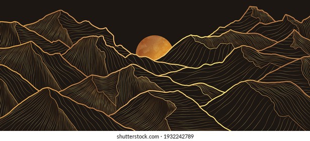 Mountain line art background, luxury gold wallpaper design for cover, invitation background, packaging design, wall art and print. Vector illustration.