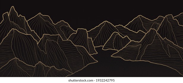 Mountain Line Art Background, Luxury Gold Wallpaper Design For Cover, Invitation Background, Packaging Design, Wall Art And Print. Vector Illustration.