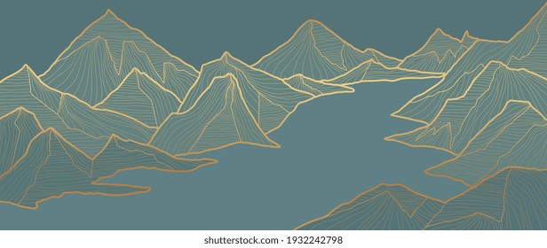 Fondo de arte de la línea de montaña, diseño de papel tapiz de oro de lujo para cubierta, fondo de invitación, diseño de empaque, arte de pared e impresión. Ilustración vectorial.