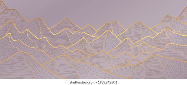 Mountain line art background, luxury gold wallpaper design for cover, invitation background, packaging design, wall art and print. Vector illustration.