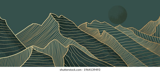 Mountain line art background, luxury gold wallpaper design for cover, invitation background, packaging design, wall art and print. Vector illustration.