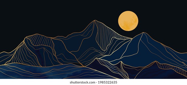 Mountain Line Art Background, Luxury Gold Wallpaper Design For Cover, Invitation Background, Packaging Design, Wall Art And Print. Vector Illustration.