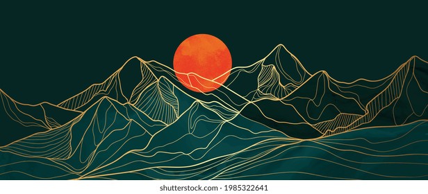 Mountain line art background, luxury gold wallpaper design for cover, invitation background, packaging design, wall art and print. Vector illustration.