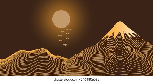 Fondo de arte de la línea de montaña, diseño de Fondo de pantalla de oro de lujo para cubiertas, fondos de invitación, diseños de embalaje, arte de pared y estampados. Ilustración vectorial.