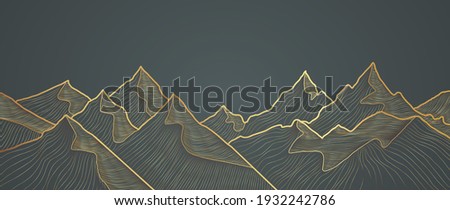 Mountain line art background, luxury gold wallpaper design for cover, invitation background, packaging design, wall art and print. Vector illustration.