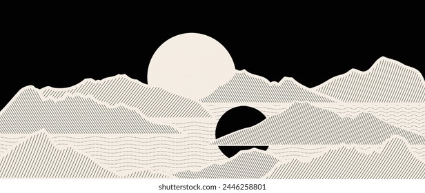 Mountain line art background vector. Minimal landscape art with line texture and moon. Abstract art wallpaper illustration for prints, Decoration, interior decor, wall arts and canvas prints.